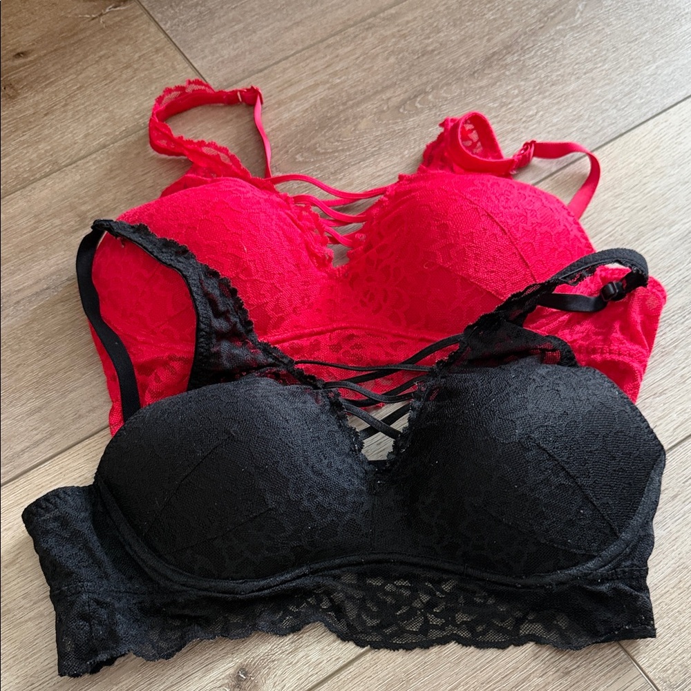 PINK Victoria's Secret Red and Black Lace Bralette Duo